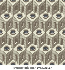 Abstract seamless pattern with architectural elements. Repeating vector texture for wallpaper, wrapping paper, flooring, fabric. Geometric background with hand-drawn 3D elements in op art style