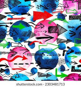 Resumen de un patrón sin fisuras de flechas y círculos acuarelas. Ilustración del vector