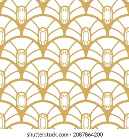 Resumen de un patrón sin fisuras en el estilo art deco. Patrón de oro con gema. Diseño de empaque para joyas preciosas, ropa original y textiles para el hogar, invitaciones a fiestas retro. Ilustración vectorial.