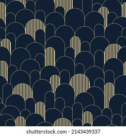 Abstract seamless pattern, art deco retro style. Vector nostalgic vintage geometric background with arcs and stripes. Dark colors and gold line art illustration. Fabric, paper, stationery, wallpaper