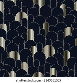 Abstract seamless pattern, art deco retro style. Vector nostalgic vintage geometric background with arcs and stripes. Dark colors and gold line art illustration. Fabric, paper, stationery, wallpaper