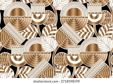 Abstraktes, nahtloses Muster, Art-Deco-Retro-Stil. Vektornostalgischer geometrischer Vintage-Hintergrund mit Bögen und Streifen. Dunkle Farben und goldene Linie Kunst Illustration. Stoff, Papier, Schreibwaren, Tapeten.