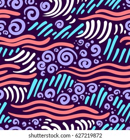  Abstract seamless pattern. Artistic drawing curves, waves and spirals. Bright  colors background. Design element for textile and wrapping paper
