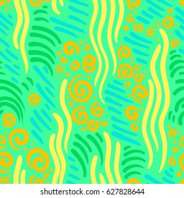  Abstract seamless pattern. Artistic drawing curves, waves and spirals. Bright  colors background. Design element for textile and wrapping paper