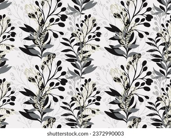 Abstract seamless pattern with artistic, modern, large branches with leaves. Vector hand drawn. Monotone grey leaf stems background print. Template for design, fashion, fabric, wallpaper