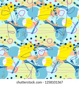 Abstract seamless pattern in artistic style. Colorful brush strokes and dots. Trendy decoration design