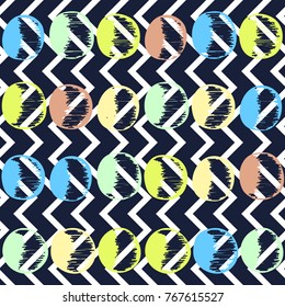 Abstract seamless pattern in artistic style. Colorful shapes on geometrical background. Trendy decoration design