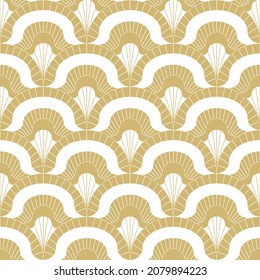 Resumen de un patrón impecable al estilo asiático. Patrón de escalas de oro sobre fondo blanco. Diseño de invitación, regalos, banners para el nuevo año y Navidad. Ilustración vectorial de material.