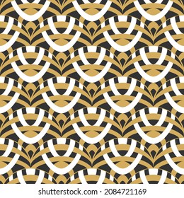 Abstract seamless pattern in Asian style. Pattern of gold scales on a white background. Design of stylish clothes, packaging, home textiles, wallpapers and curtains. Stock vector illustration.