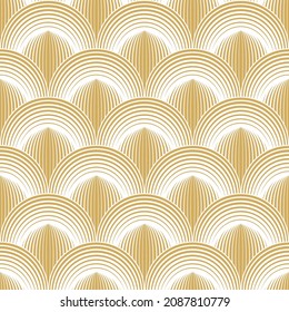 Abstract seamless pattern in Asian style. Pattern of gold scales on a white background. Design of invitation, gifts,pack for food, banners for the new year and Christmas. Stock vector illustration.