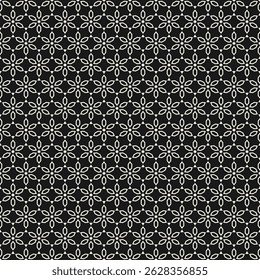 Abstract seamless pattern in asian style. Vector floral geometric ornament.  Black and white ornamental texture with small stars, flowers, diamonds, grid. Oriental background. All-over modern design