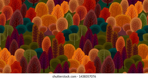 Abstract seamless pattern with autumn forest. Vector background for various surface. Trendy hand drawn textures.
