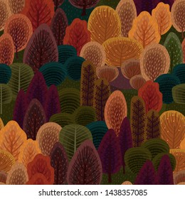 Abstract seamless pattern with autumn forest. Vector background for various surface. Trendy hand drawn textures.