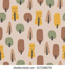 Abstract seamless pattern with autumn forest. Vector background for various surfaces. Trendy hand drawn textures.