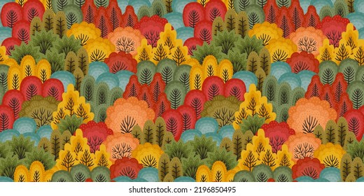 Abstract seamless pattern with autumn forest. Vector background for various surface. Trendy hand drawn textures.