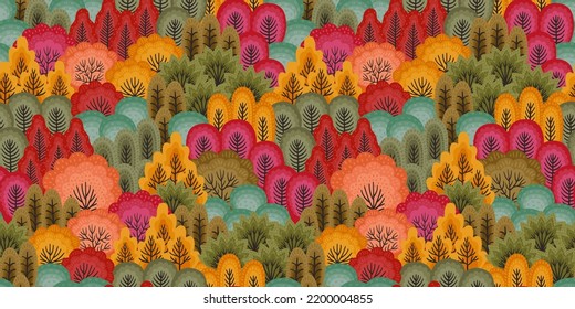 Abstract seamless pattern with autumn forest. Vector background for various surface. Trendy hand drawn textures.