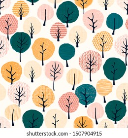 Abstract seamless pattern of autumn trees with doodle texture. Vector forest illustration.