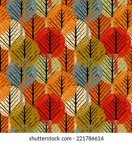 Abstract seamless pattern with autumn trees. Hand drawn ornament. Repeated background. Nature print texture. Cloth design. Wallpaper