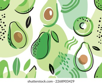 Abstract seamless pattern with avocado. Healthy vegan food. Vector illustration. Cartoon style.