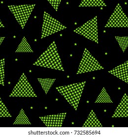 Abstract seamless pattern for baby clothes. Creative vector background with green triangles and stars. Fashionable, striking style