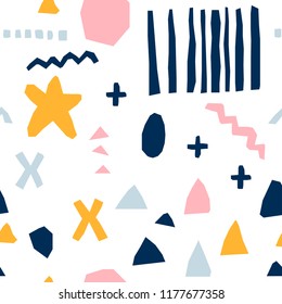 Abstract seamless pattern background. Childish application geometric cover for design birthday card, wallpaper, holiday wrapping paper, shopsale advertising, textile fabric, bag print, t shirt etc.