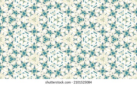Abstract seamless pattern, background. Colored vintage kaleidoscope on white. Useful as design element for texture and artistic compositions.