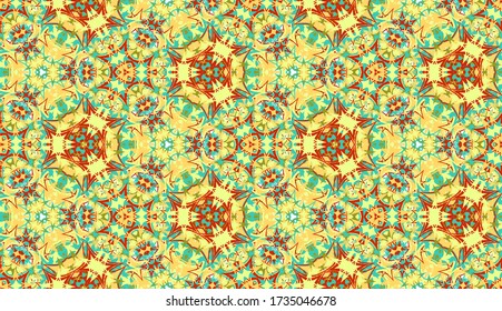 Abstract seamless pattern, background. Colorful kaleidoscope. Useful as design element for texture and artistic compositions.