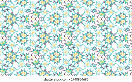 Abstract seamless pattern, background. Colorful kaleidoscope on white. Useful as design element for texture and artistic compositions.