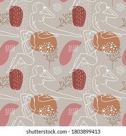 Abstract seamless pattern background. Colorful repeating texture for textile fabric or paper print. Modern linear design with stylized plants, leaves, woman silhouette and geometric elements
