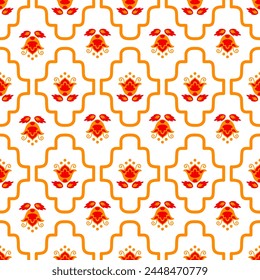Abstract seamless pattern, background with decorative flowers and braided mesh ornament. Diaper pattern vector illustration in red, white colors. Decorative modular border vector background.
