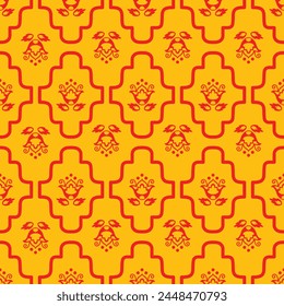 Abstract seamless pattern, background with decorative flowers and braided mesh ornament. Diaper pattern vector illustration in yellow, red colors. Decorative modular border vector background.