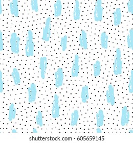 Abstract seamless pattern background with dots and spots. Big blue paint strokes with small black circles on white background. Design soft wrapping, fabric, textile, gift paper. Memphis style 