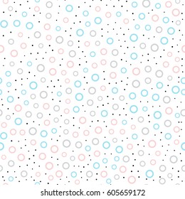 Abstract seamless pattern background with dots and circles. Soft blue, pink, gray,  and black rounds on white background. Confetti. Design wrapping, fabric, textile, gift paper. Pastel colors.