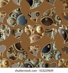 Abstract seamless pattern background with gold 3d geometric figures,shapes , circles and love hearts.3d love background.