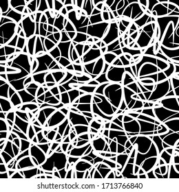 Abstract seamless pattern background of handmade curved lines for wallpaper or fabric design. Grunge monochrome beautiful backdrop of the chaotic painting strokes