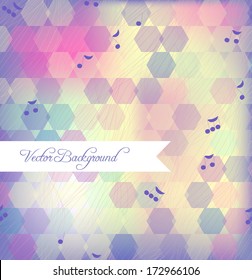 Abstract seamless pattern background of hexagons and musical notes. Spring colors. Pink, blue, yellow, violet. Contour lines