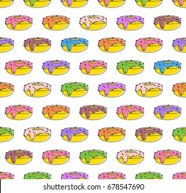 Abstract seamless pattern background made of flat outlined donuts. Colorful vector donut texture with fruit and chocolate glaze topping, good for bday party banners & fashion textile patterns prints