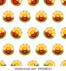 Abstract seamless pattern background made of sun faces and watermelons. Cute smiley summer emoticons. Color vector texture good for wrapping paper, wallpaper and pattern fill