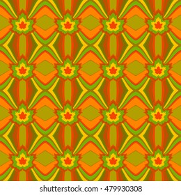 Abstract seamless pattern background with wavy stripes and maple leaves in autumn colors. This pattern can be used in the design of textile, printing on paper, covers, cards and as a design element.