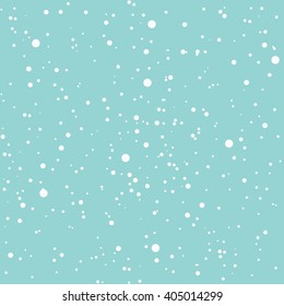 Abstract seamless pattern background with white snow and snowflakes. Imitation of snowfall, blizzard or snowstorm on blue sky background. Design for fabric or wrapping paper. Christmas theme.