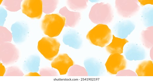 Abstract seamless pattern, background with yellow, blue, pink watercolor shapes and stains. Repeating vector print