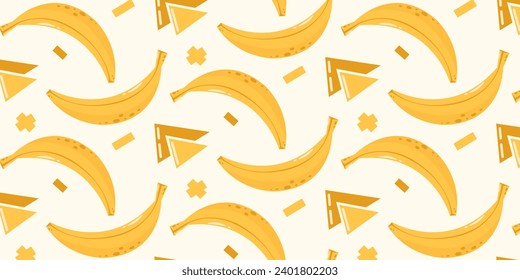 Abstract seamless pattern with bananas, geometric shapes. Summer fruit vector illustration for paper, cover, fabric, gift wrap. Cartoon flat style