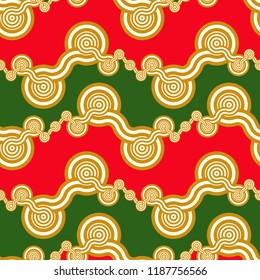 abstract seamless pattern with bands of connected wheels in red green shades