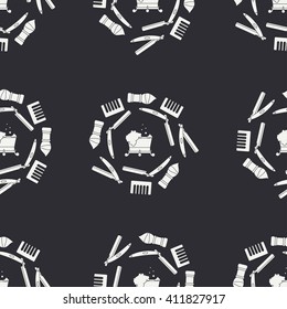 Abstract seamless pattern with barbershop elements - razor, shaving brush, bowl, foam and comb. Wallpaper. Line vector illustration. Background. Graphic texture for design , wallpaper. Barbershop.