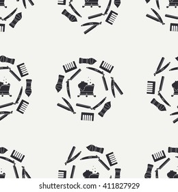 Abstract seamless pattern with barbershop elements - razor, shaving brush, bowl, foam and comb. Wallpaper. Line vector illustration. Background. Graphic texture for design , wallpaper. Barbershop.