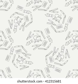 Abstract seamless pattern with barbershop elements - razor, shaving brush, bowl, foam and comb. Wallpaper. Line vector illustration. Background. Graphic texture for design , wallpaper. Barbershop.