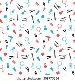Abstract seamless pattern with barbershop elements - razor, shaving brush, bowl, foam and comb. Wallpaper. Line vector illustration. Background. Graphic texture for design , wallpaper. Barbershop