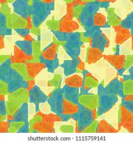 Abstract seamless pattern. At the base of the texture lie the punched squares broken into multi-colored pieces. Camouflage. The picture is overlaid with a translucent network of chaotic stretches.