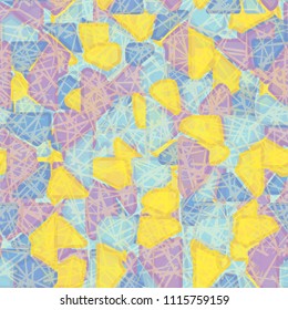 Abstract seamless pattern. At the base of the texture lie the punched squares broken into multi-colored pieces. Camouflage. The picture is overlaid with a translucent network of chaotic stretches.