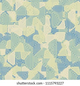 Abstract seamless pattern. At the base of the texture lie the punched squares broken into multi-colored pieces. Camouflage. A network of rounded concentric squares is superimposed on the picture.
